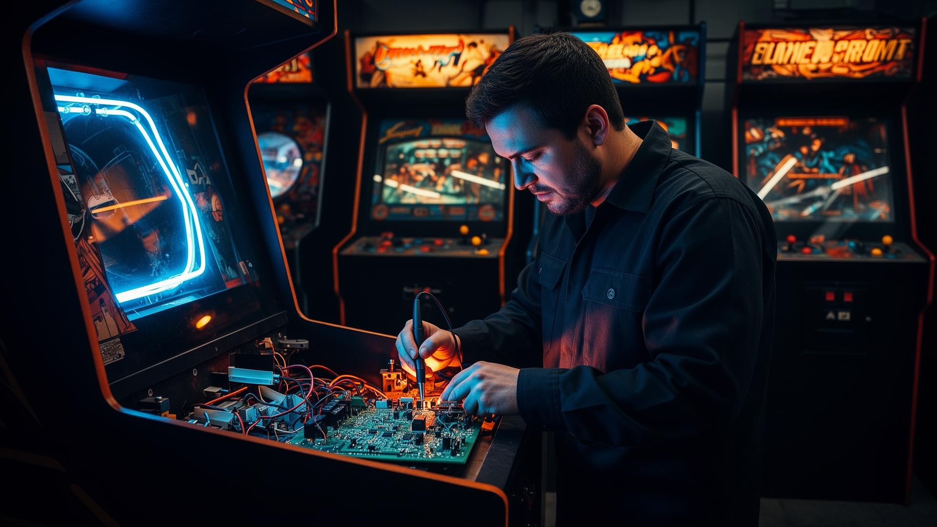 Técnico realizando manutenção em placa eletrônica de fliperama